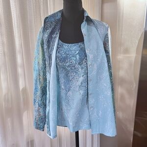 Vintage 80s twin set, camisole & blouse, blue abstract ombre print, 4/6 (S/M)